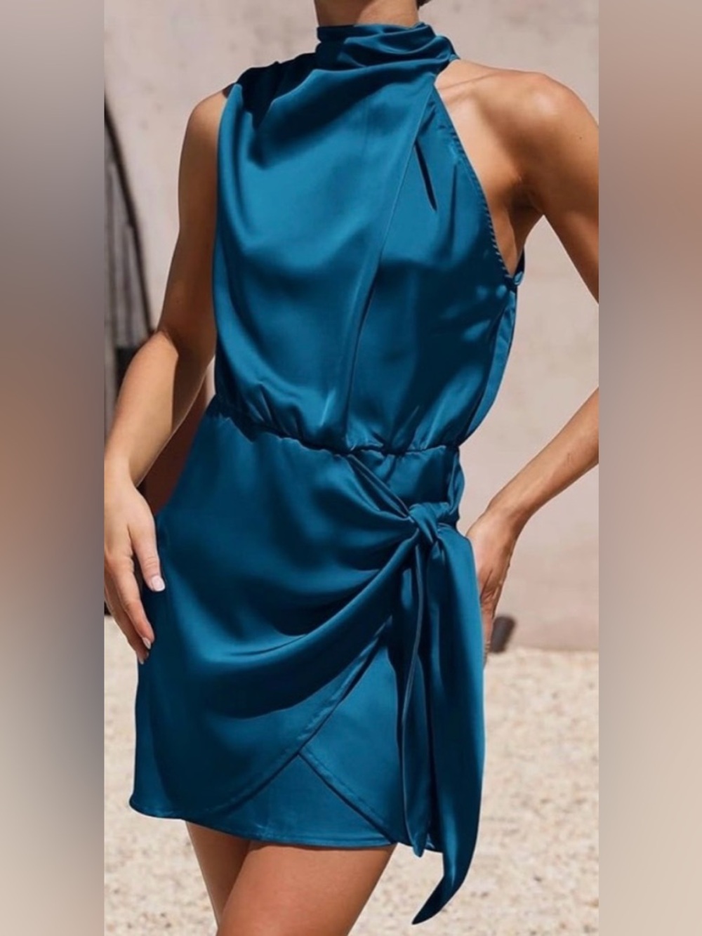 Pretty Garden Chic’s  Asymmetrical Cowl Neck Mini Dress in Satiny Teal